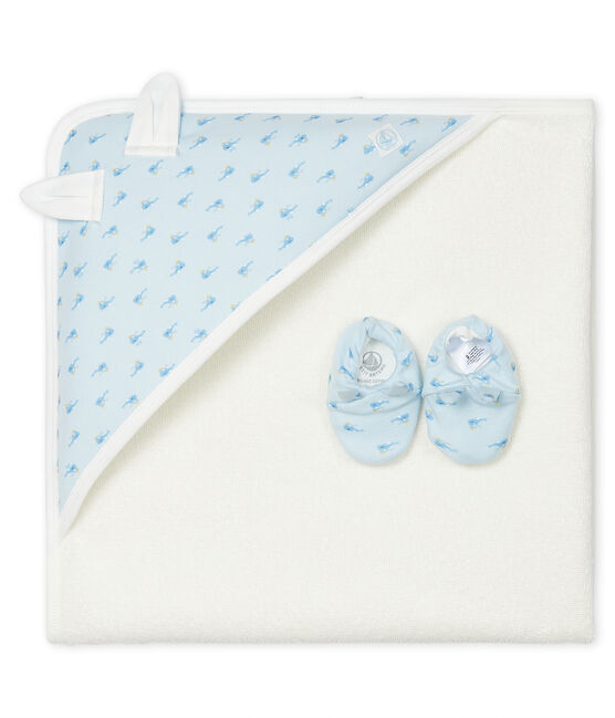 Box mit Badetuch und Babyschuhen aus Frottee und Rippstrick blau FRAICHEUR/weiss MULTICO