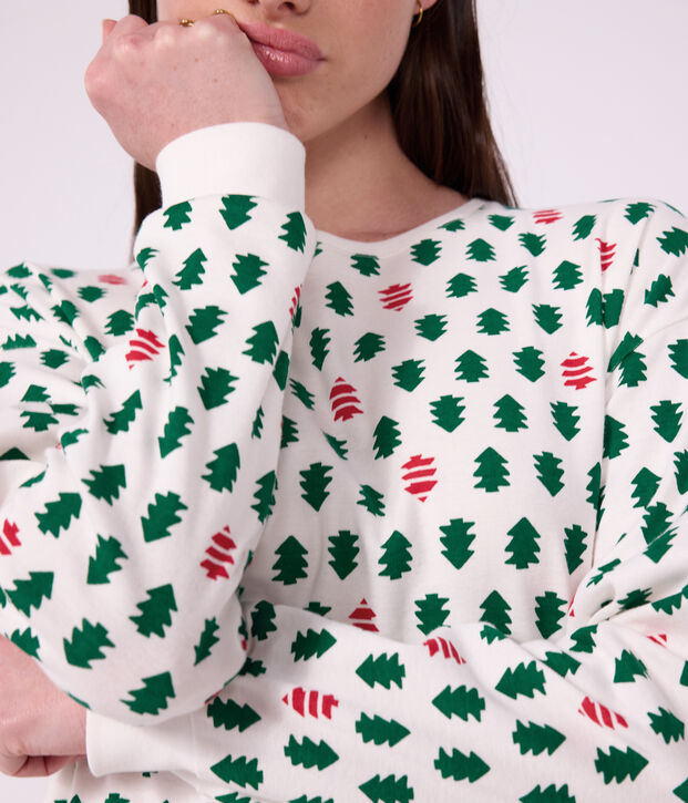 Damen-Pyjama aus Baumwolle mit Tannenbaum-Motiv weiss/vielfarbig