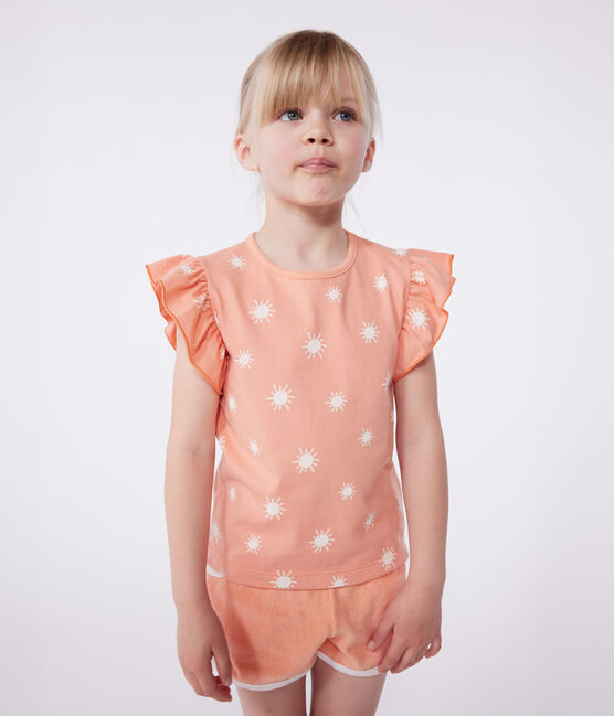 Kurzärmeliges Kinder-T-Shirt aus bedruckter Baumwolle orange ABRICOT/ MARSHMALLOW