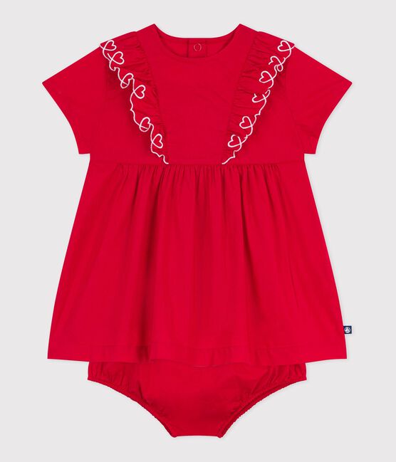 Kurzärmeliges Babykleid aus einfarbiger Baumwolle und dazu passender Bloomer rot TERKUIT