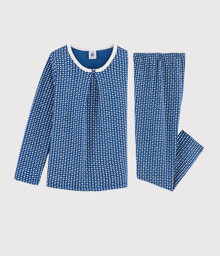 Kinderpyjama aus Doppeljersey mit Herzchen-Print f&uuml;r M&auml;dchen blau/weiss