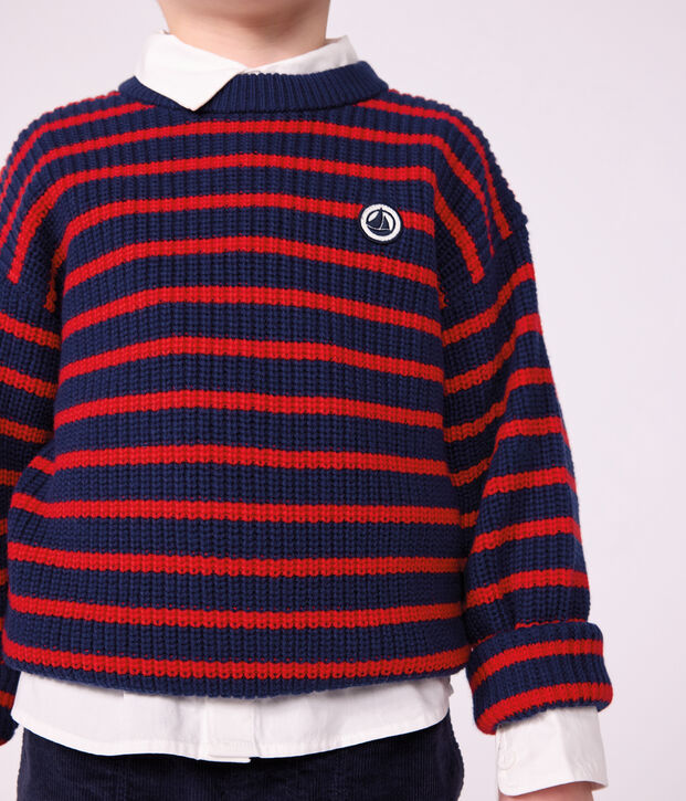 Kinder-Pullover aus Wolle und Baumwolle mit Streifen blau/rot