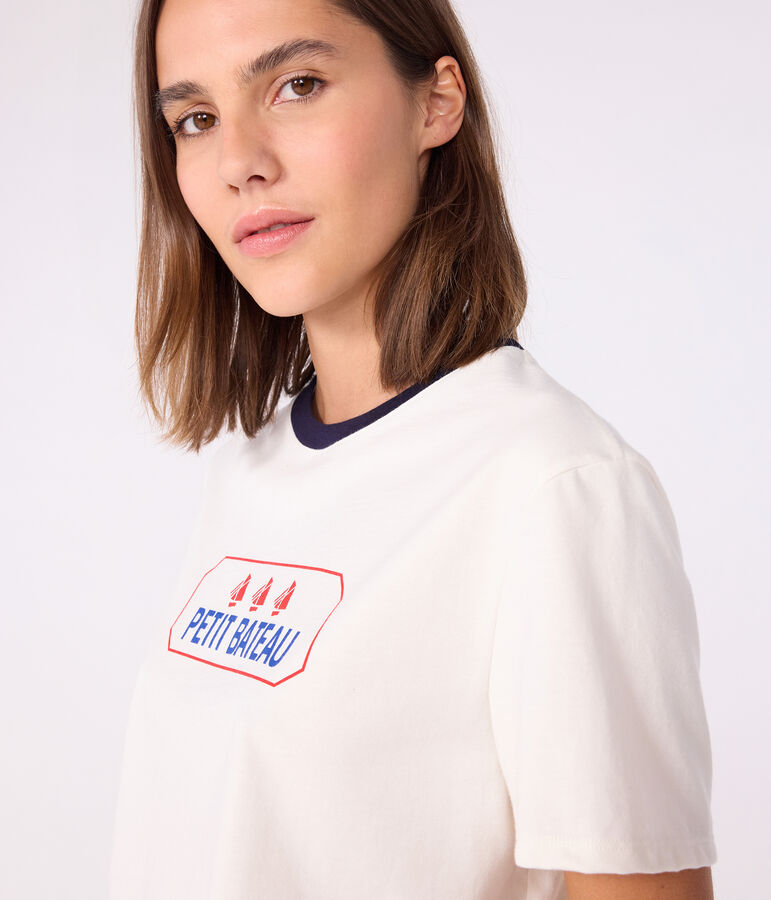 Kurz&auml;rmeliges Damen T-Shirt Le Droit mit geradem Schnitt aus Baumwolle naturfarben/blau