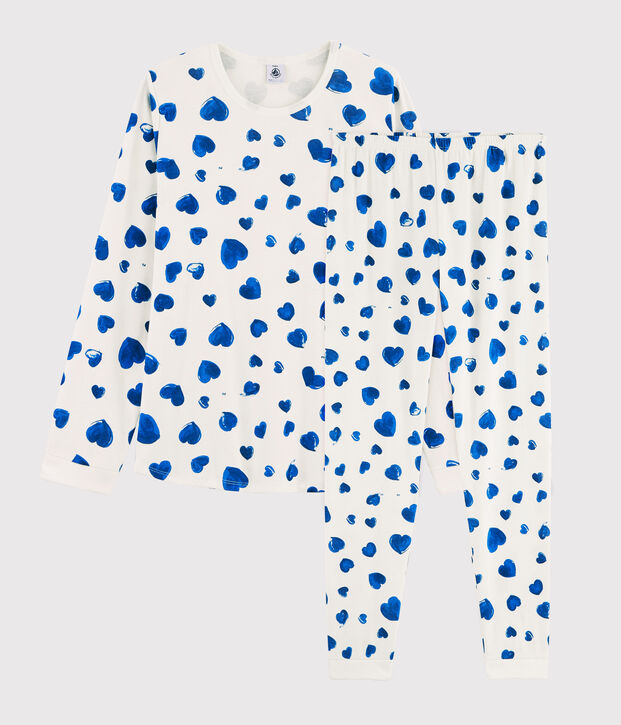 Pyjama aus Rippstrick mit Herzchenmotiv f&uuml;r M&auml;dchen/Damen weiss/blau
