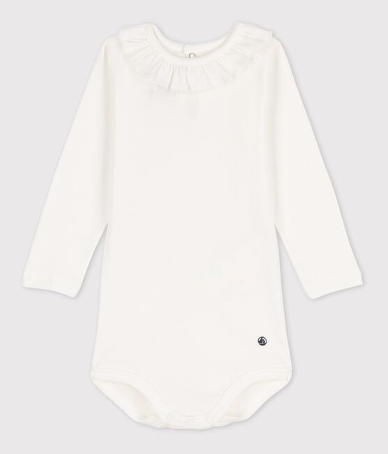 Langärmeliger Baby-Body aus Baumwolle mit Rüschenkragen weiss MARSHMALLOW