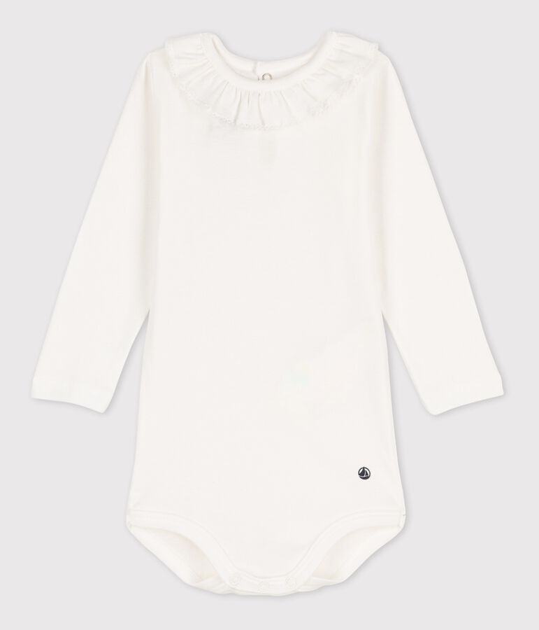 Lang&auml;rmeliger Baby-Body aus Baumwolle mit R&uuml;schenkragen weiss