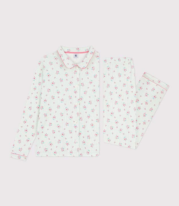 Damen-Pyjama aus gemusterter Baumwolle mit Knopfverschluss weiss/vielfarbig