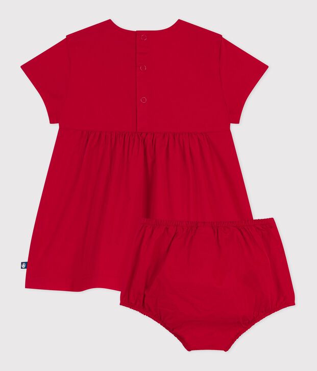 Kurz&auml;rmeliges Babykleid aus einfarbiger Baumwolle und dazu passender Bloomer rot