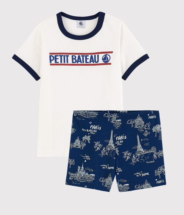 Kinder-Kurzpyjama aus Baumwolle mit Paris-Motiv im Toile-de-Jouy-Stil f&uuml;r Jungen blau/vielfarbig