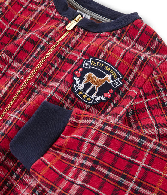 Collegejacke aus Tartanstrick Mädchen rot TERKUIT/weiss MULTICO