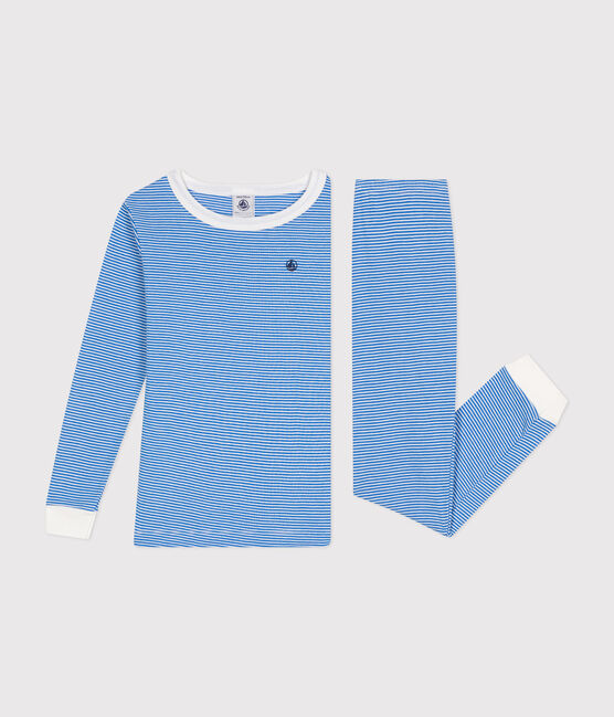 Körpernaher, gestreifter Kinderpyjama aus Baumwolle DELPHINIUM/ MARSHMALLOW