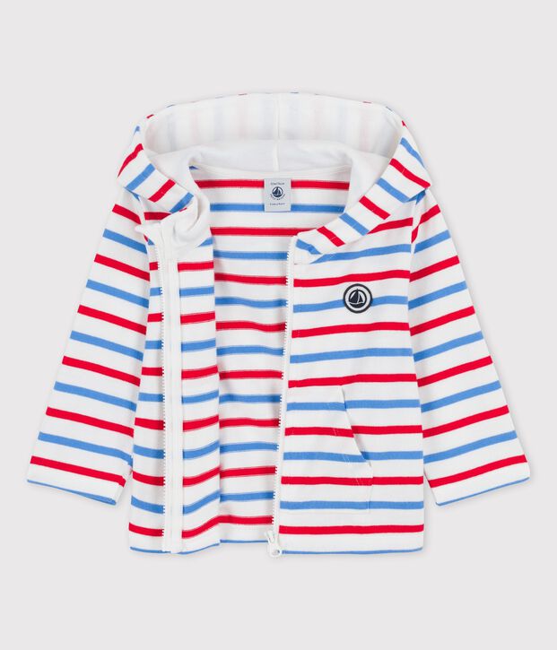 Gestreiftes Baby-Kapuzensweatshirt aus dickem Jersey weiss/vielfarbig