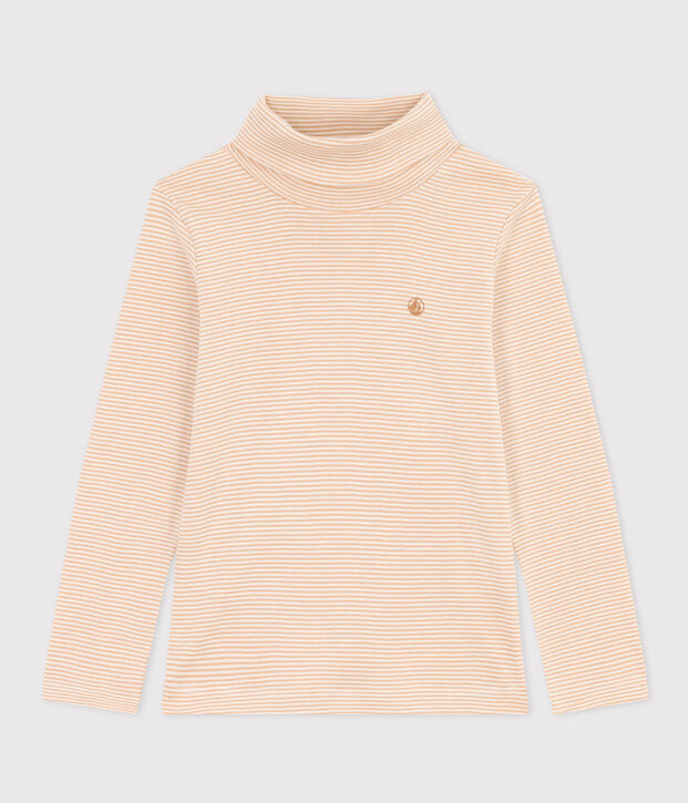 Kinder-Rollkragenshirt aus Baumwolle mit Streifen beige/weiss