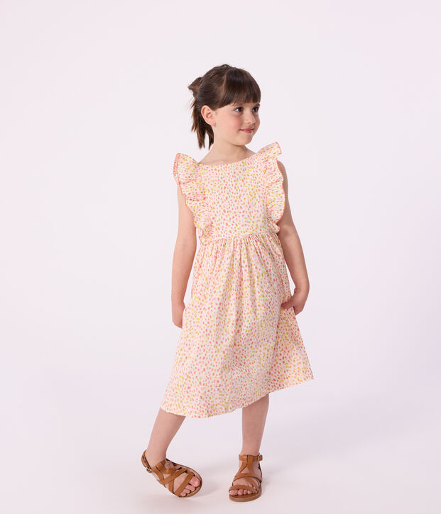 &Auml;rmelloses Kinder-Kleid mit freiem R&uuml;cken aus gemusterter Baumwolle weiss/vielfarbig