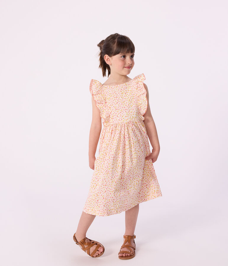 &Auml;rmelloses Kinder-Kleid mit freiem R&uuml;cken aus gemusterter Baumwolle weiss/vielfarbig