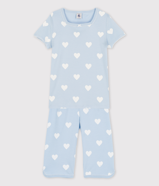 Kinder-Kurzpyjama aus Bio-Baumwolle mit Herzmotiv für Mädchen blau JASMIN/weiss MARSHMALLOW