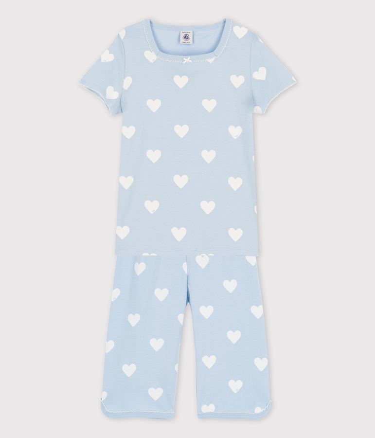 Kinder-Kurzpyjama aus Bio-Baumwolle mit Herzmotiv f&uuml;r M&auml;dchen blau/weiss