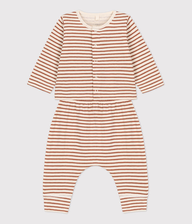 Baby-Set aus Baumwoll-Doppeljersey mit Streifenmuster naturfarben/braun/naturfarben