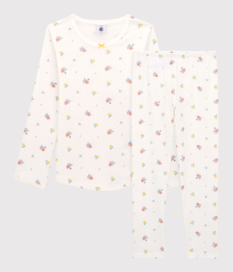 Kinderpyjama aus Baumwolle f&uuml;r M&auml;dchen weiss MARSHMALLOW/weiss MULTICO