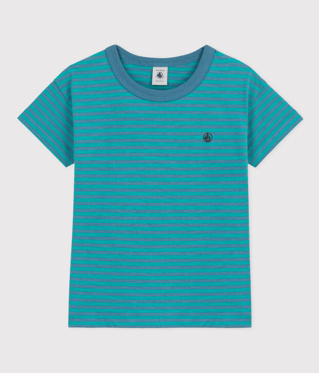 Gestreiftes Kinder-T-Shirt aus Baumwolle f&uuml;r Jungen blau/gr&uuml;n