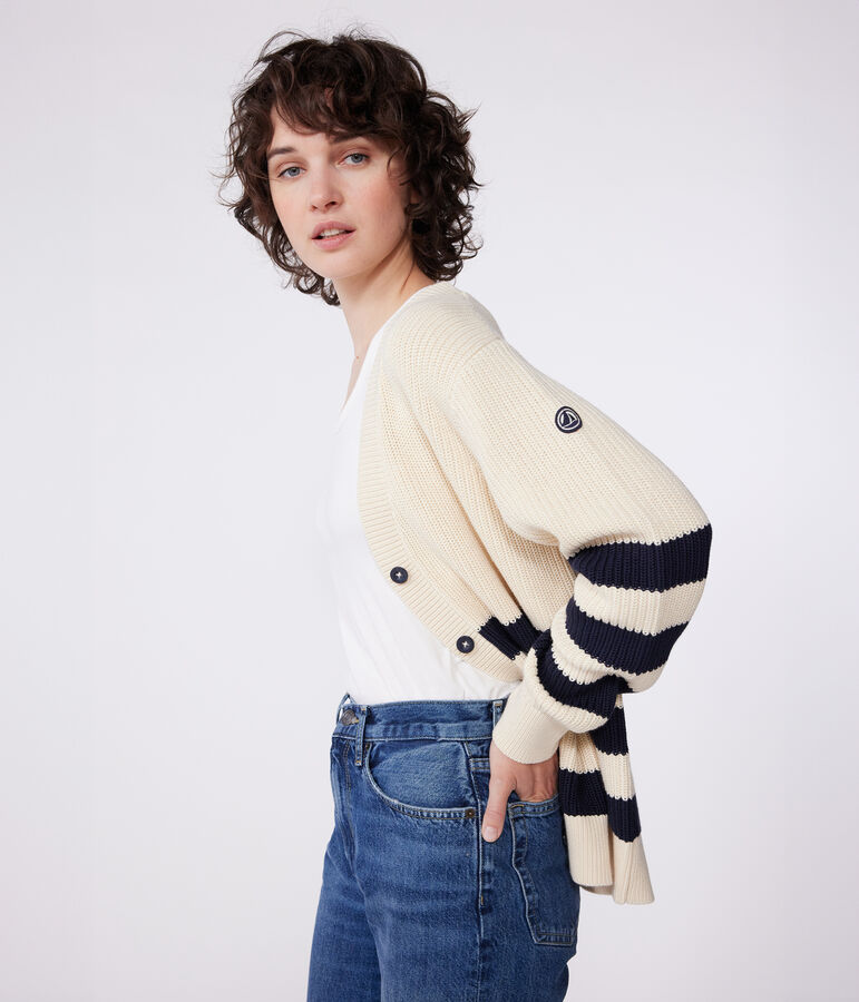 Damen-Cardigan aus Baumwolle mit Streifen naturfarben/blau