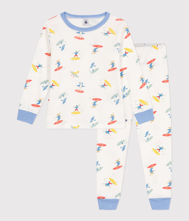 Lang&auml;rmeliger Kinder-Pyjama aus Baumwolle mit Surf-Motiven weiss/vielfarbig