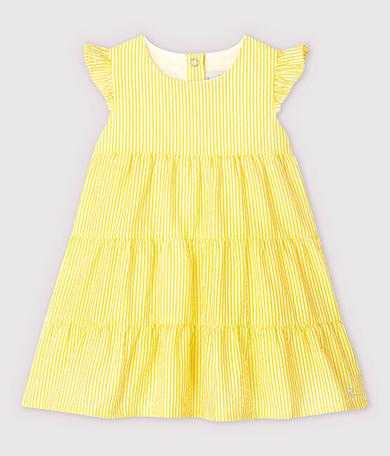 Kurzärmeliges, gestreiftes Baby-Kleid aus Seersucker für Mädchen gelb SHINE/weiss MARSHMALLOW