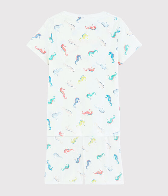 Kinder-Kurzpyjama aus Baumwolle mit Seepferdchenmotiv für Mädchen weiss MARSHMALLOW/weiss MULTICO