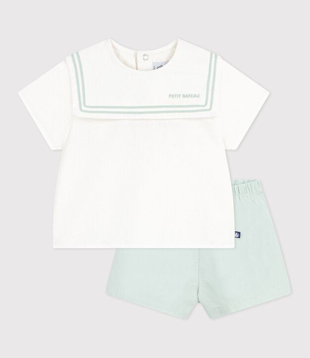2-teiliges Baby-Set aus Baumwolle/Leinen, Oberteil mit Matrosenkragen weiss/blau