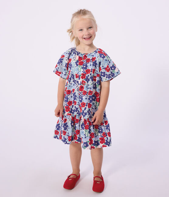 Kurzärmeliges Kinder-Kleid aus Baumwolle mit Blumenmotiv weiss MARSHMALLOW/weiss MULTICO
