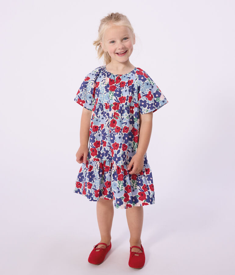 Kurz&auml;rmeliges Kinder-Kleid aus Baumwolle mit Blumenmotiv weiss/vielfarbig