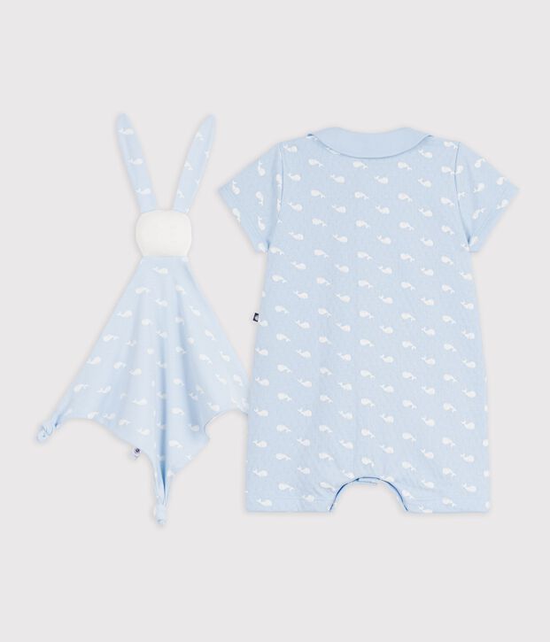 Baby-Geschenkset Overall und Kuscheltier mit Walmotiven blau/weiss