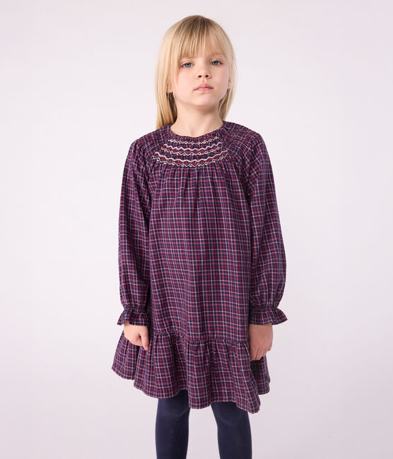 Langärmeliges Kinder-Kleid aus Flanell mit Karomuster blau SMOKING/weiss MULTICO