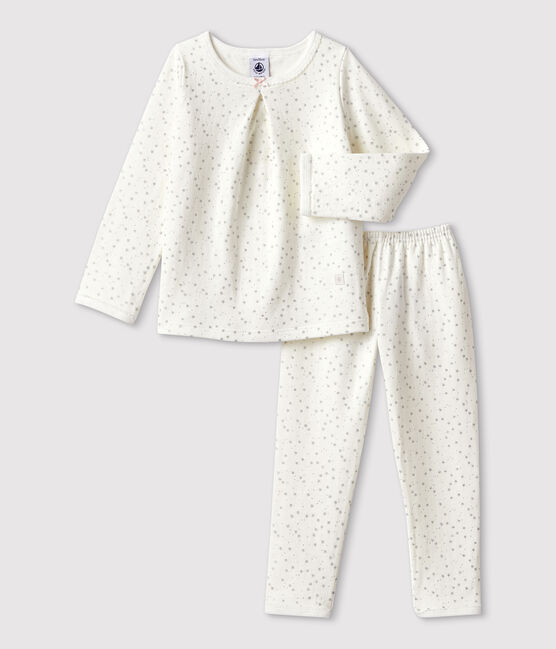 Kinderpyjama aus Doppeljersey mit Sternen für Mädchen weiss MARSHMALLOW/grau ARGENT