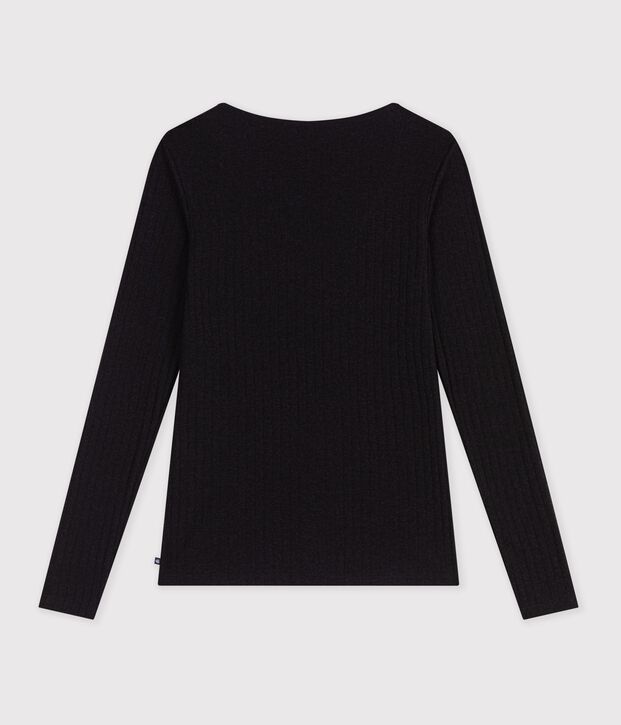 Damen-T-Shirt mit Ballerina-Ausschnitt aus einfarbiger Wolle und Baumwolle schwarz