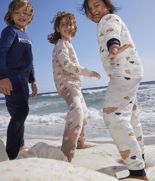 Kinderpyjama aus Molton mit Wolkenmotiv weiss/vielfarbig