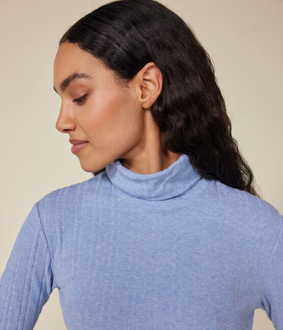 Damen-Rollkragenshirt "L'Iconique mit Zierstrick blau SKY CHINE