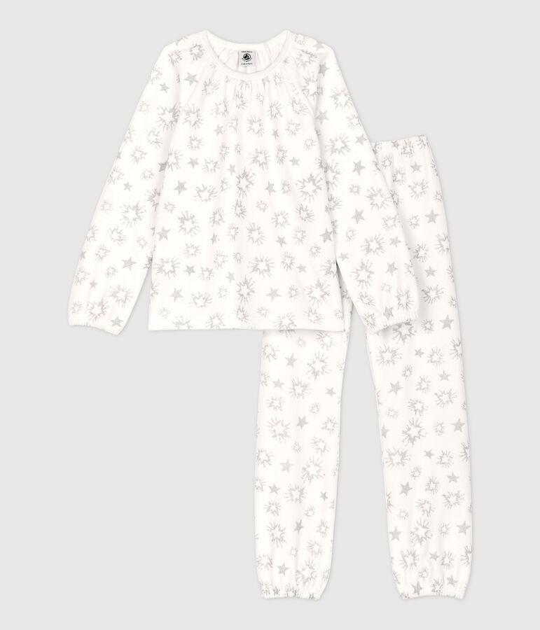 Kinderpyjama aus Nicki mit Sternen-Print f&uuml;r M&auml;dchen weiss/grau