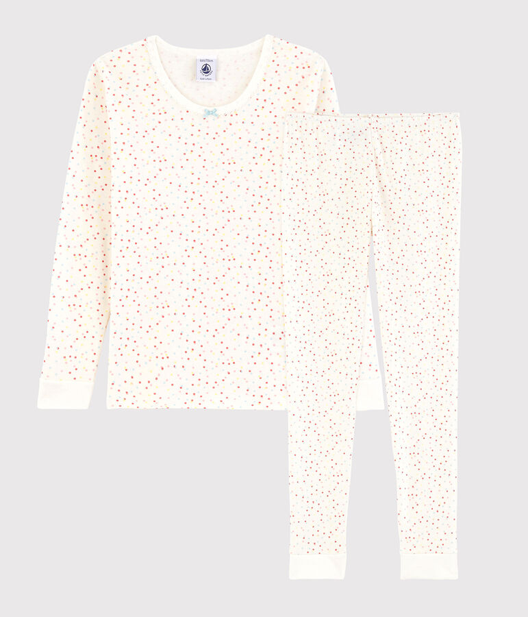 Snugfit-Kinderpyjama aus Bio-Baumwolle mit farbigem Polka-Dot-Muster f&uuml;r M&auml;dchen weiss/vielfarbig