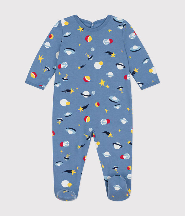 Strampler aus aufgerautem Molton mit Weltraummotiven blau/vielfarbig