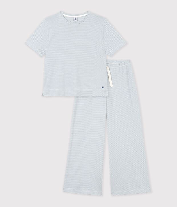 Damen-Pyjama aus Baumwolle mit weiten Beinen und Streifen grau/weiss