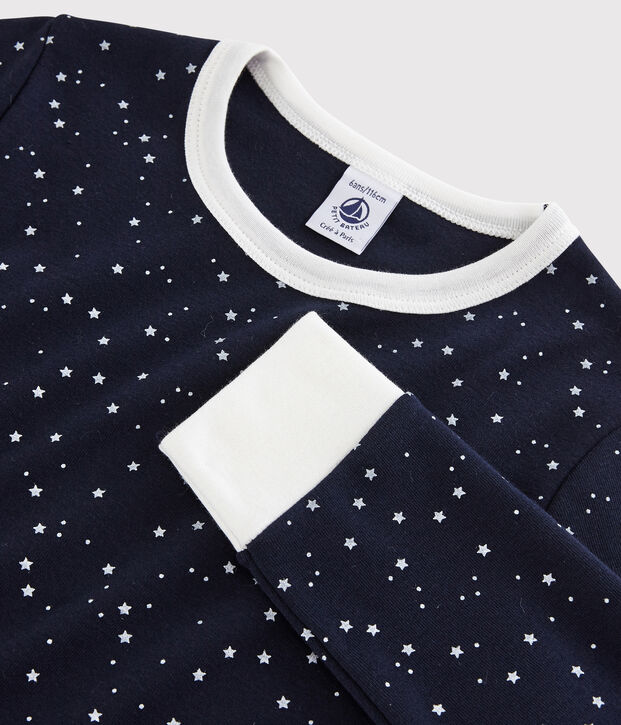 Kinderpyjama aus Rippstrick mit Sternenmuster blau/weiss