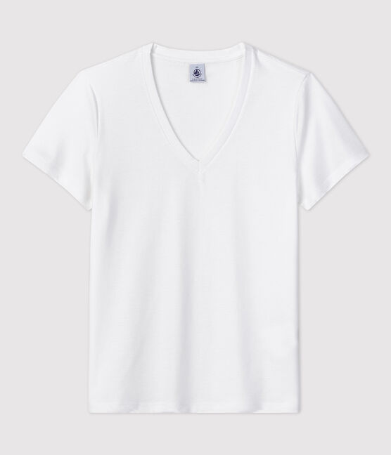 Damen-T-Shirt LE DROIT mit V Ausschnitt aus Baumwolle weiss ECUME