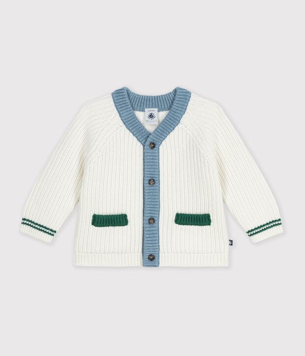 Baby-Cardigan aus Woll-/Baumwollstrick mit farblich abgesetzten Details weiss/vielfarbig