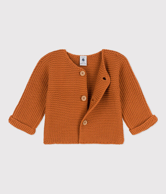 Baby-Cardigan kraus rechts gestrickt aus Baumwolle braun ECUREUIL