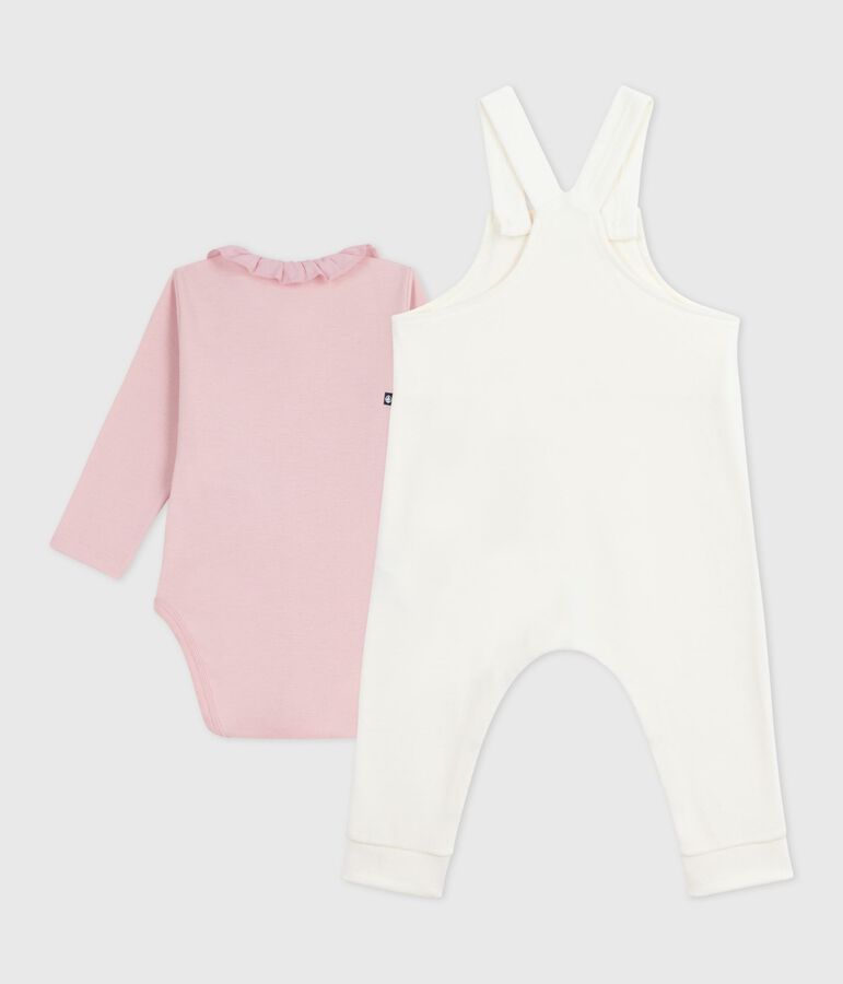 Baby-Latzhosen-Set aus einfarbiger Baumwolle mit h&uuml;bschen Verzierungen naturfarben/rosa