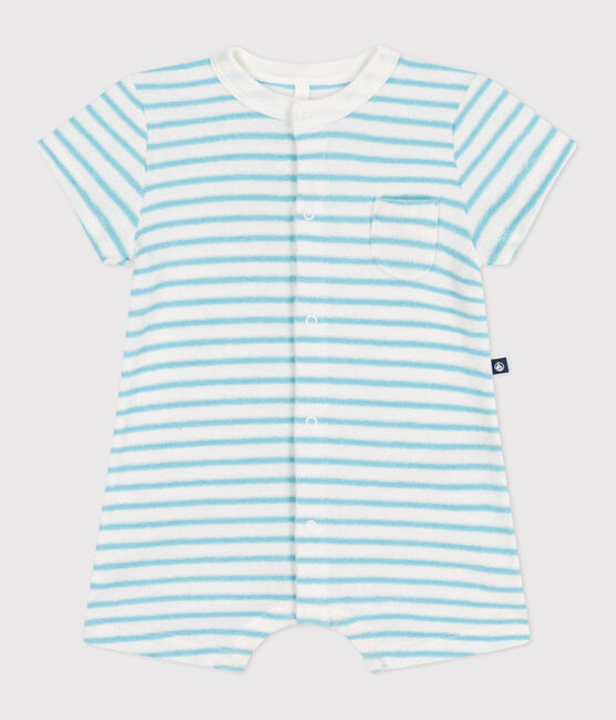 Baby-Kurzoverall aus gestreiftem Baumwoll-Frottee  blau MARSHMALLOW/ AQUATIC