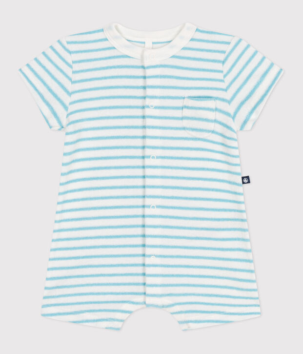 Baby-Kurzoverall aus gestreiftem Baumwoll-Frottee blau/blau