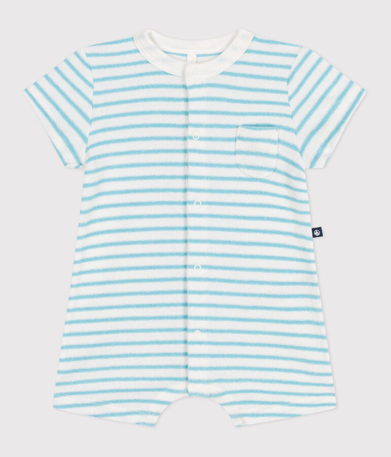 Baby-Kurzoverall aus gestreiftem Baumwoll-Frottee weiss/blau