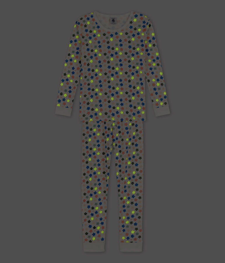 Kinderpyjama aus Baumwolle mit phosphoreszierenden Blumen f&uuml;r M&auml;dchen weiss/vielfarbig
